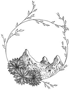 the mountains are surrounded by flowers and leaves in a circle with an arrow on top