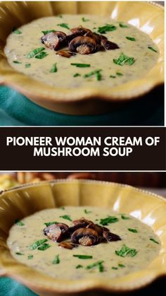 two pictures showing different types of soups in the same bowl, one with mushrooms and parsley on top