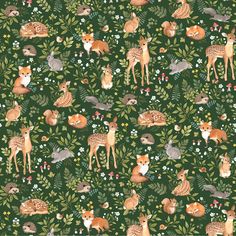 an animal themed wallpaper with deers, foxes and other animals on green background