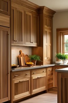 a kitchen filled with lots of wooden cabinets and counter top space next to a window