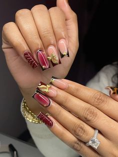 medium maroon square nails with turtle shell design on thumb and gold accents   @nailsbymulani on instagram - NYC based‼️ Turtle Shell Nails, Turtle Shell, Shell Design, Square Acrylic Nails, Square Nails, Gold Nails, Gold Accents, Nail Inspo, Acrylic Nails