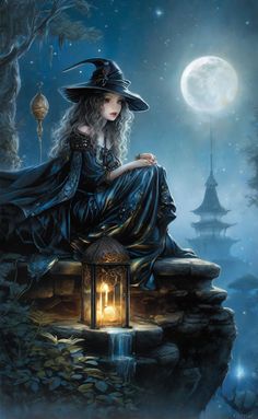 a woman in a witches hat sitting on top of a rock next to a lantern