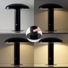 three different views of a black lamp with one light on and the other turned off