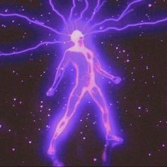 an image of a man surrounded by purple and blue lightening in the center of his body