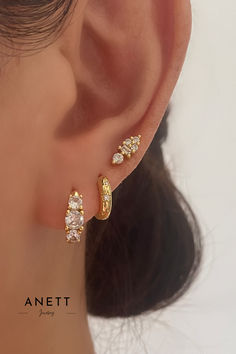 3 Cubic Zircon Gold Huggie Earrings Earrings Small Ears, Ear Stacking Ideas Both Ears, Gold Earing Stacks, Wedding Earring Stack, Gold Stacked Earrings, Stacked Pearl Earrings, Shein Codes, Ear Stacks, Gold Huggie Earrings