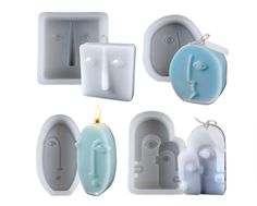 four different shaped objects are shown in the shape of soap dispensers and holders