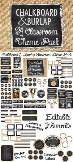 the chalkboard and burlap collection is shown in black, white, and brown