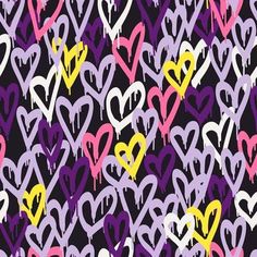 an abstract background with hearts painted on it in purple, pink, yellow and black