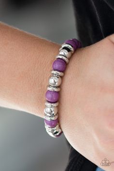 A collection of silver accents and vivacious purple stones are threaded along a stretchy band for a seasonal look.

 Sold as one individual bracelet. Purple Bracelets, Paparazzi Accessories Jewelry, Purple Bracelet, Trendy Fashion Jewelry, Purple Agate, Silver Bead Bracelet, Box Accessories, Paparazzi Accessories, Stretchy Bracelets