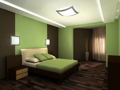 a bedroom with green walls and wood flooring is pictured in this image, it appears to be an artist's rendering