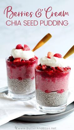 berries and cream chia seed pudding in small glasses