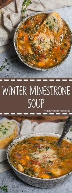 winter minestone soup with bread in the background and text overlay that reads winter minestone soup