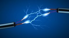 two electric wires are connected to each other with lightning in the sky behind them on a blue background