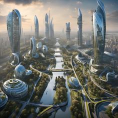 an artist's rendering of futuristic city with skyscrapers, roads and trees in the foreground