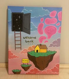 a welcome back card with a house on a cliff and a ladder up to the door