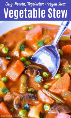 a bowl of vegetable stew with a spoon in it and the words easy hearty, vegetarian vegan stew