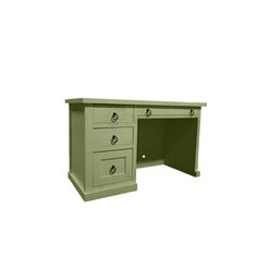 a green desk with two drawers and one drawer on the top, in front of a white background