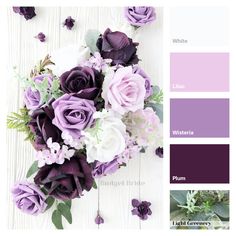 purple and white flowers with greenery in the center on a wooden background color palette