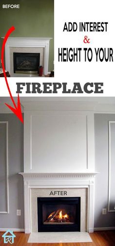 the fireplace has been painted white with red arrows pointing to it's fire place