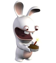 an animated rabbit holding a cupcake with its mouth open