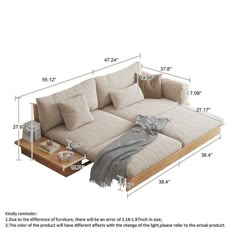 the sectional sofa is shown with measurements for each seat and back cushions, along with an additional end table