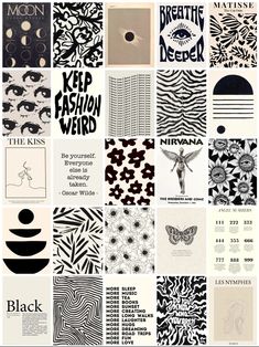 various black and white posters with different designs