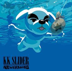 a cartoon dog in the water with a bag on it's back, holding onto a string