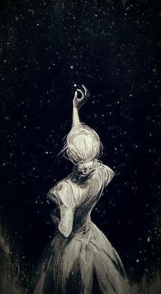 a black and white drawing of a woman looking up at the stars in the night sky