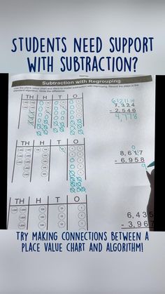 a piece of paper with numbers and symbols on it that says students need support with subtraction