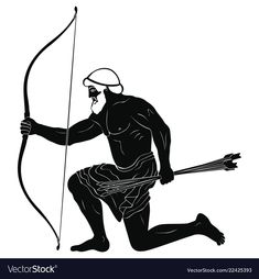 an ancient man with a bow and arrow in his hand, black on white background