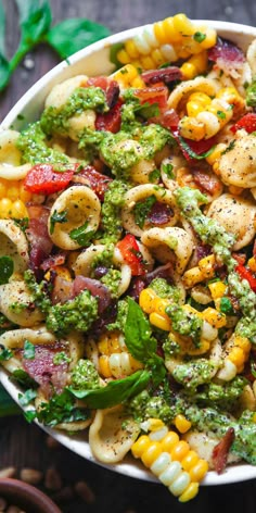 Summer Pasta Salad with Corn, Bell Pepper, Bacon, and Creamy Pesto Dressing Pasta Salad With Corn, Creamy Pesto Dressing, Pasta Salad With Bacon, Comfort Soups, Corn Pasta Salad, Salad With Corn, Pesto Dressing, Corn Pasta, Creamy Pesto