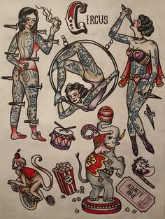 an old school style drawing of some people with tattoos on their arms and legs,