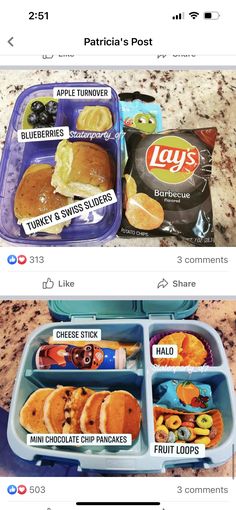 two plastic containers filled with food sitting on top of a counter next to each other