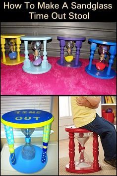 four different pictures of children's toys with the words how to make a sandglass time out stool