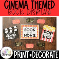 a movie themed book display with the words, popcorn and movies in black and white