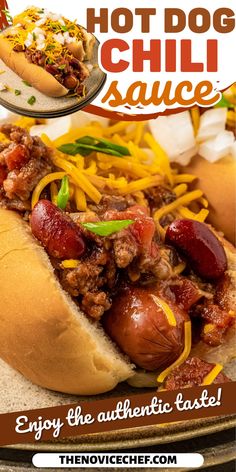 hot dogs with chili and cheese are on a plate, next to a poster that says enjoy the authentic taste