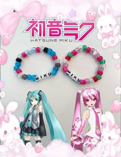 two bracelets with anime characters on them in front of an advertisement for hatsune miki