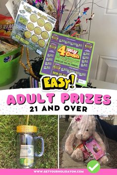 a collage of pictures with the words easy adult prizes and over