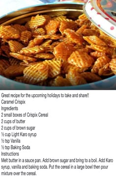 the recipe for caramel crispy cereal is shown