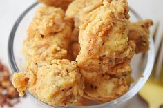 some fried food is in a glass bowl