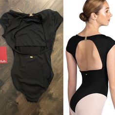 a woman wearing a black leotard and white tights next to an image of a women's leotard