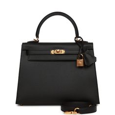 This Kelly, in the Sellier style, is in Black epsom leather with gold hardware and has tonal stitching two straps with front toggle closure, clochette with lock and two keys, a single rolled handle and removable shoulder strap.The interior is lined with black chevre leather and has one zip pocket with an Hermes engraved pull and one open pocket on the opposite side.Collection: UOrigin: FranceCondition: New and never worn (plastic on hardware)Accompanied by: Hermes box, dustbag, clochette, lock, Hermes Kelly Sellier, Front Bottoms