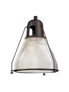 an industrial style light fixture with a glass shade on the bottom and black metal frame