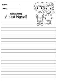 a writing paper with an image of two children holding hands and the words about myself