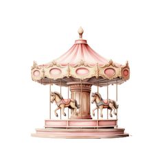 an old fashioned pink carousel with horses on it's sides, isolated against a white background