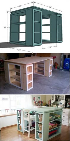 the plans for an office desk are shown in two different views, one is open and the other is closed