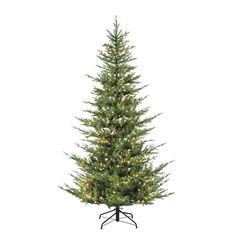 a small christmas tree with lights on it's base and stand in front of a white background