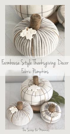 some white pumpkins are stacked on top of each other with the words farmhouse style thanksgiving decor