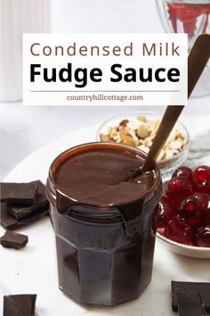 chocolate fudge sauce with cherries on the side