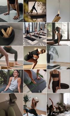 a collage of photos showing different poses and body shapes, including yoga mats, people doing